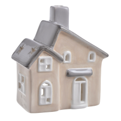 Keramický domeček svícen béžový s šedou střechou.