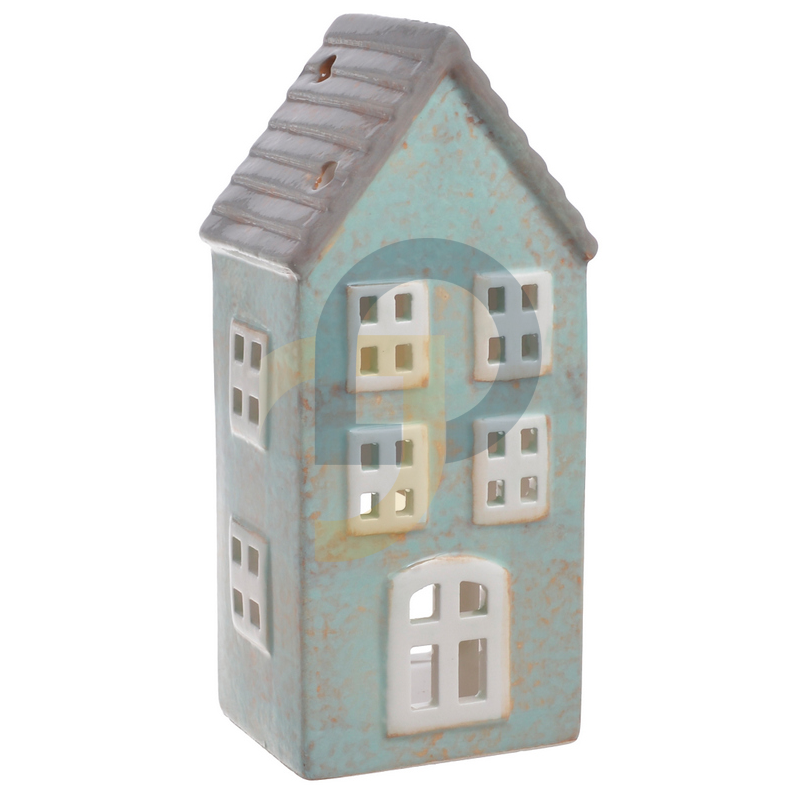 Kerámia házikó, türkizkék emeletes gyertyatartó