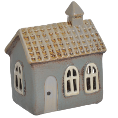 Keramický domeček svícen světle modrý s bílými okny