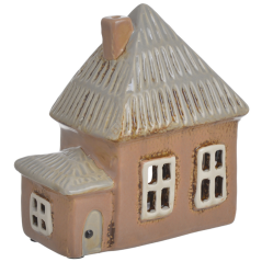 Keramický domek svícen se dvěma střechami.