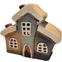 Keramický domček svietnik modro hnedý trojdom