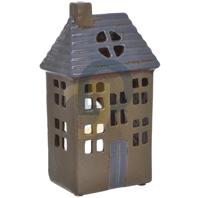 Kerámia gyertyatartó házikó, magas, kék, barna tetővel