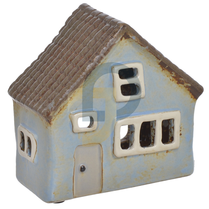 Kerámia gyertyatartó házikó kék színben, barna tetővel