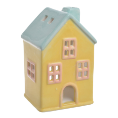 Keramický domeček svícen žlutý se světle modrou střechou