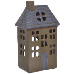 Keramický domek svícen vysoký modrý s hnědou střechou