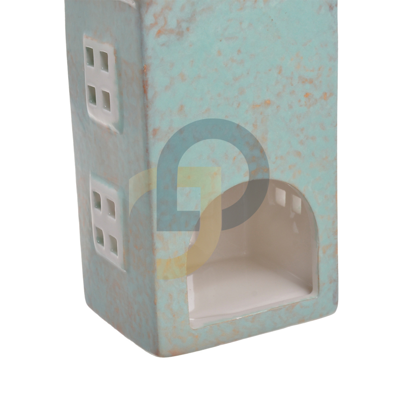 Kerámia házikó, türkizkék emeletes gyertyatartó