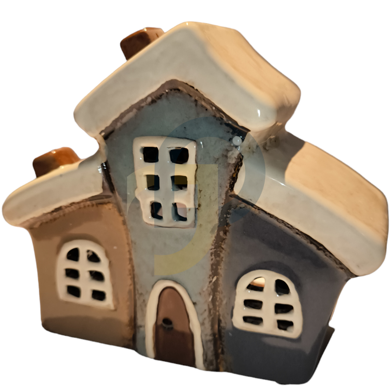 Kerámia ház gyertyatartó kék barna hármas ház