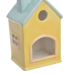 Keramický domeček svícen žlutý se světle modrou střechou