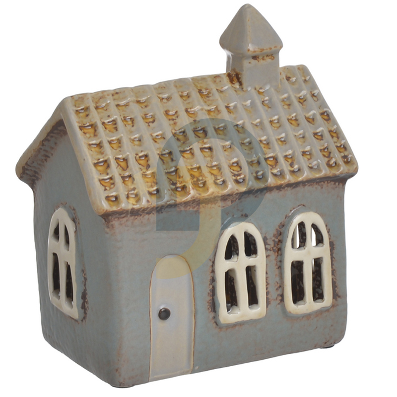 Világoskék kerámia gyertyatartó házikó fehér ablakokkal